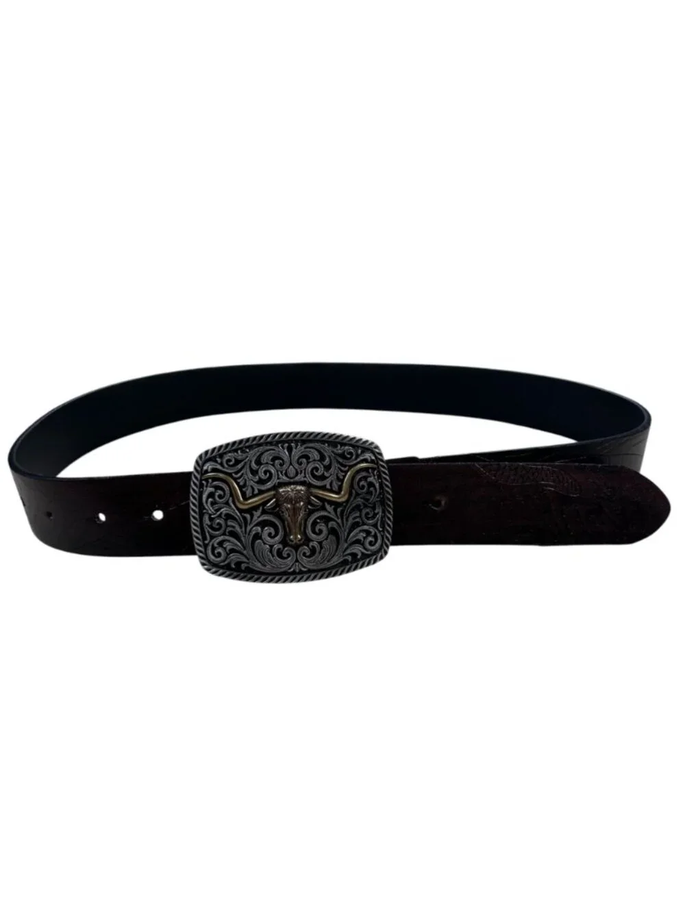 Longhorn Western Brown Belt Vegan Silver Gold Tone Boho Rodeo Festival